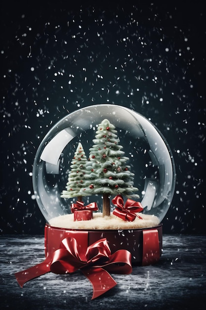 a christmas tree in a snow globe with a red bow on it