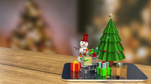 The Christmas tree and snow man on tablet for advertising concept 3d rendering