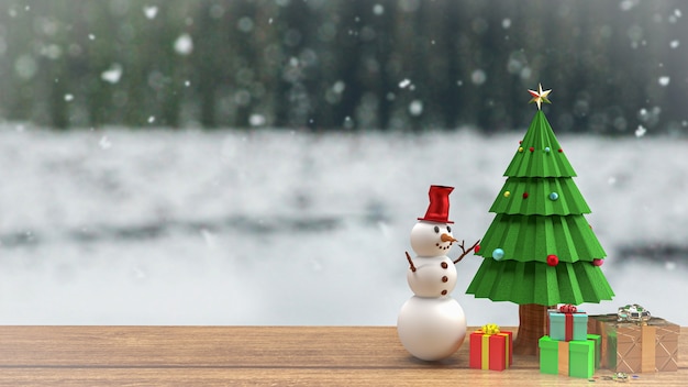 크리스마스 트리와 눈사람은 크리스마스 축하 또는 판촉 사업 배경 3d 렌더링을 위해 나무 테이블에 있습니다.