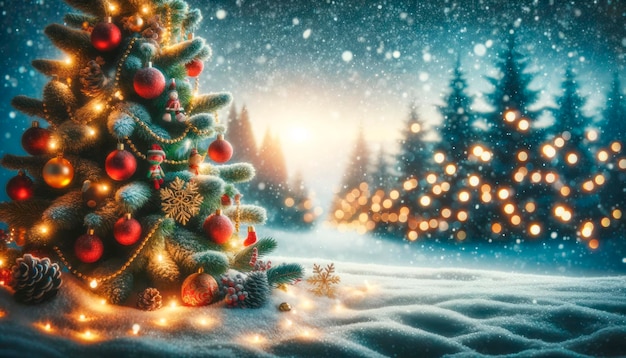 Рождественская елка в снегу с фоном боке Рождественская поздравительная карточка Генеративный ИИ