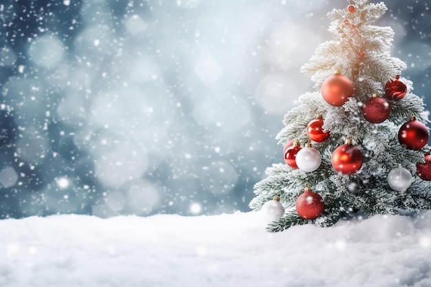 A christmas tree in the snow with red balls on it