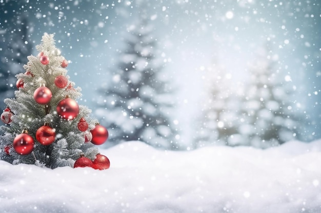 Christmas tree in the snow with red balls on it