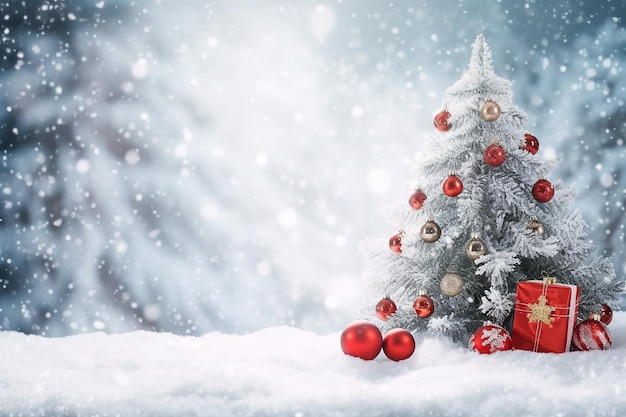 Christmas tree in the snow with red balls and a red ball on the tree