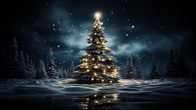 その上に星がある雪の中のクリスマスツリー
