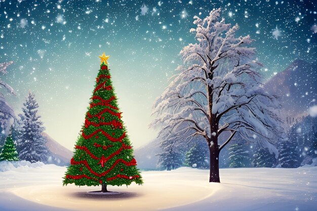Foto un albero di natale nella neve con una stella su di esso
