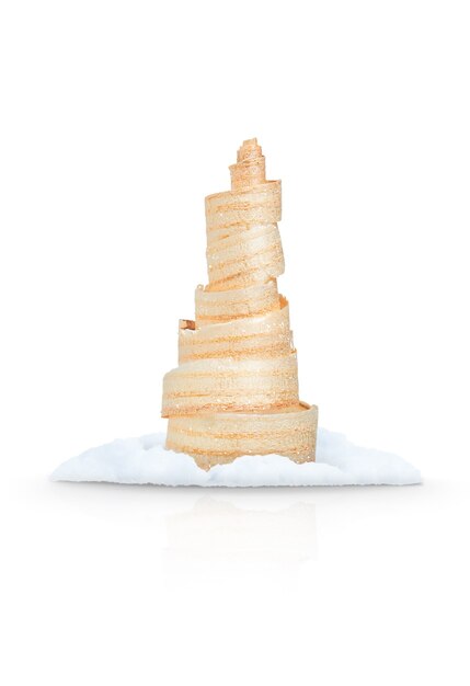 Christmas tree in a snowdrift on a white background with shadow and reflection