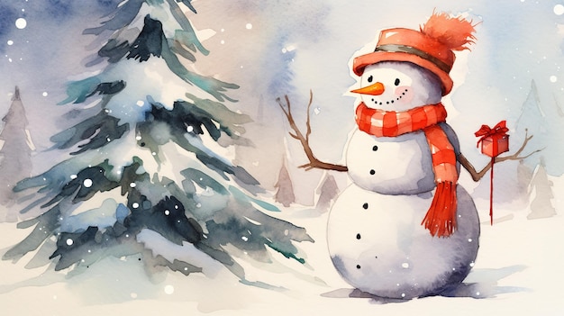 Рождественская елка и Снежный человек в стиле акварели