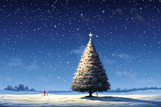 Christmas tree in a snowy landscape with stars and snowflakes