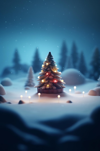 A christmas tree in a snowy landscape