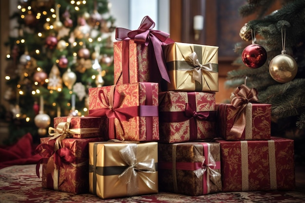 Under Christmas Tree Stack of wrapped presents under Christmas tree