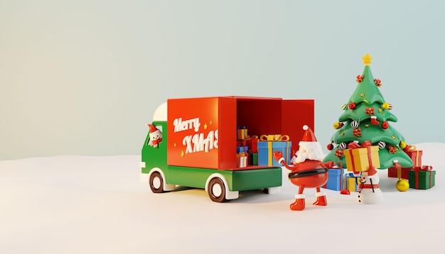 Christmas tree surrounded by gift box with Santa and snowman putting gifts on car 3D render