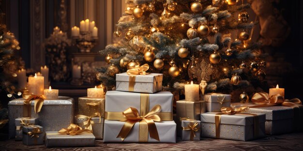 Under the Christmas tree there are piles of gifts Generative Ai