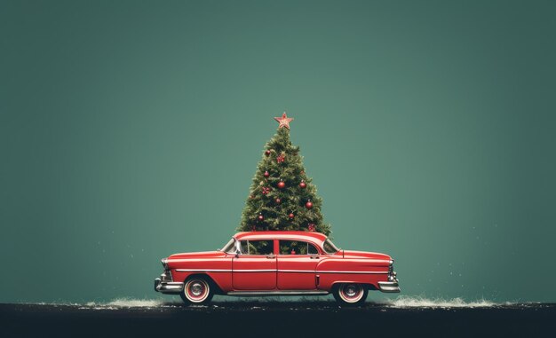 Foto albero di natale in cima a un'auto rossa