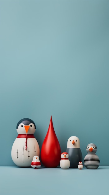 크리스마스 트리 텀블러 장난감 펭귄 파란색 배경 고품질 사진