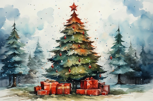 Christmas tree watercolor picture retro postcard style AI generative