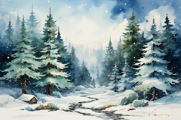 Christmas tree watercolor picture retro postcard style AI generative