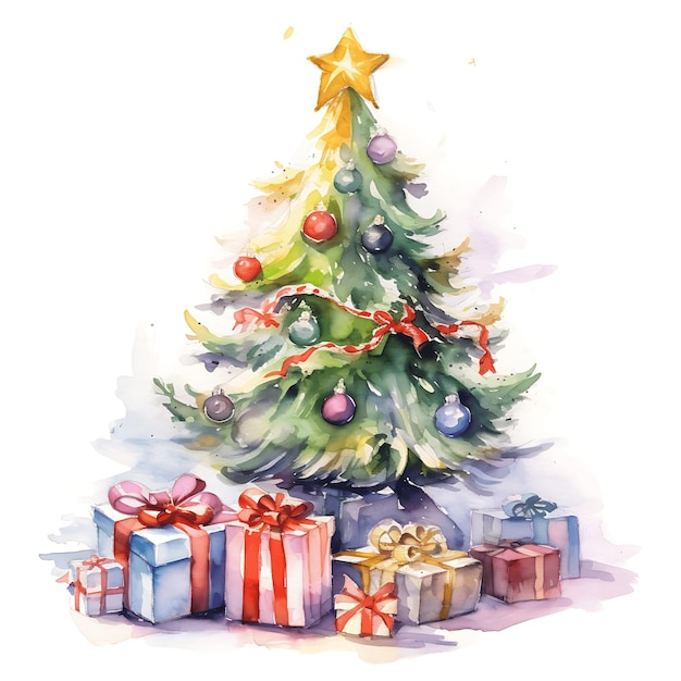 Фото Украшение елки в акварельном стиле и подарочные коробки с рождеством и новым годом