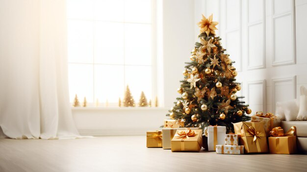 christmas tree in white background and gold gift box