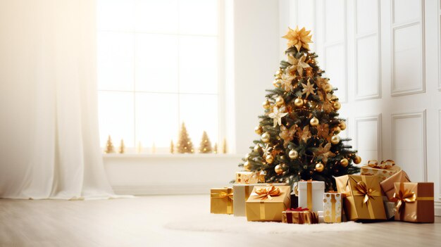 Foto albero di natale su sfondo bianco e scatola regalo d'oro