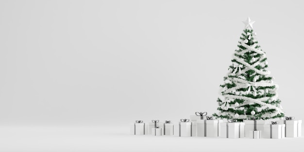 Decorazione di inverno dell'albero di natale con scatole regalo in sfondo bianco