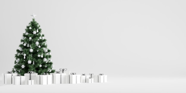 白い背景のギフトボックスとクリスマスツリーの冬の装飾