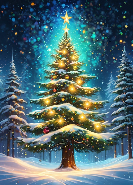 Christmas tree in the winter forest illustration background