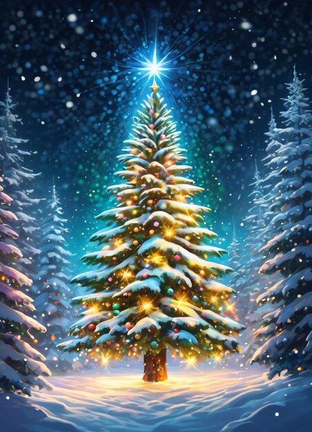 冬の森のイラストの背景にあるクリスマスツリー