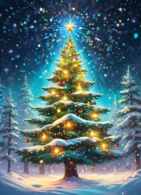 Christmas tree in the winter forest illustration background