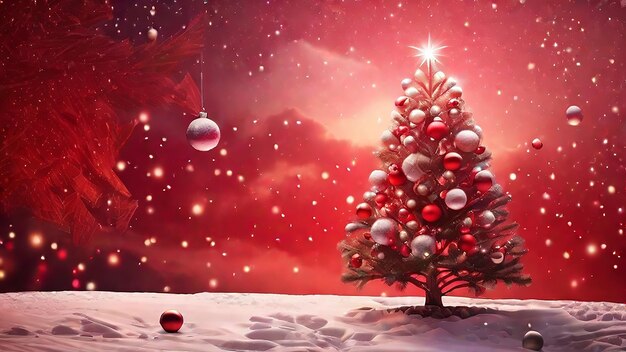 Christmas tree with balls and lights behind a red sky snow falling atmosphere generated by ai