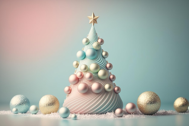 Christmas tree with balls on pastel background