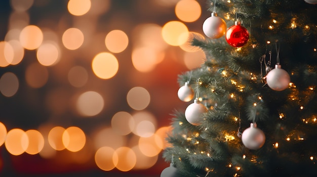 Christmas Tree With Baubles And Blurred Shiny Lights on deft of filed bokeh