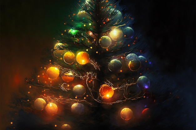 Christmas tree with baubles and blurred shiny lights digital\
painting artwork
