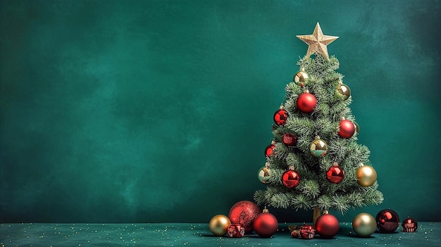 Christmas tree with baubles and decorations against green chalkboard background