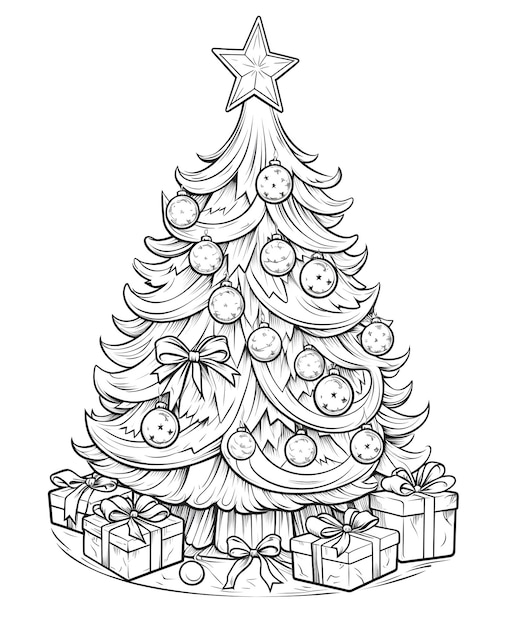 Christmas tree with baubles gifts star Black and white coloring sheet Xmas tree as a symbol of Christmas of the birth of the Savior