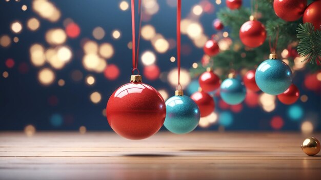 a christmas tree with a blue background and a red and blue bauble