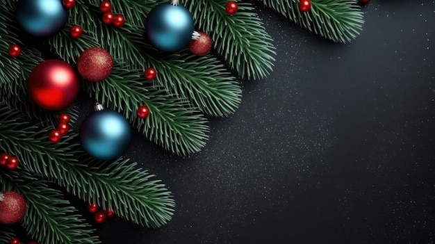 黒の背景に青いボールのクリスマス ツリー。