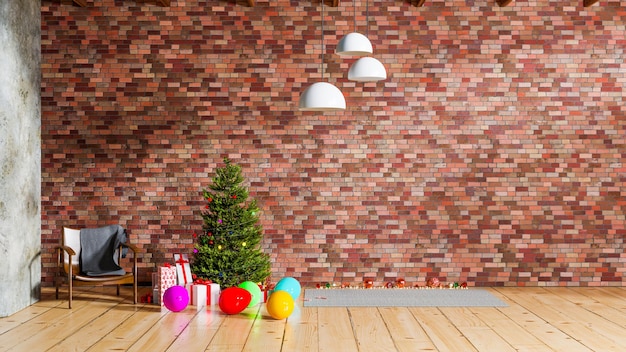 Christmas tree with brick wall and wooden floor design merry\
christmas and happy new year mock up