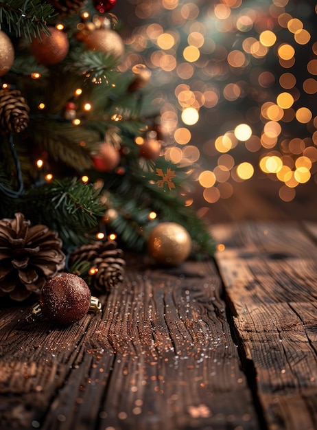写真 茶色と金色の装飾が付いたクリスマスツリー