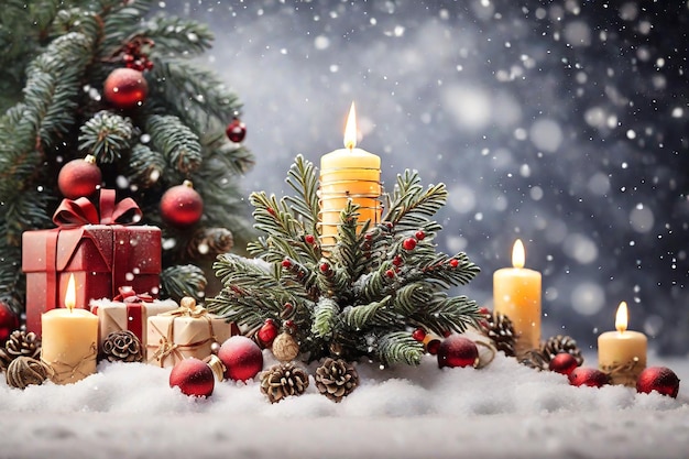 Рождественская елка с свечами и подарками на снежном фоне