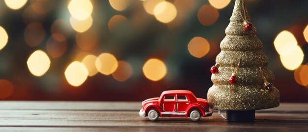 Christmas tree with car toy with beautiful bokeh of Christmas lights on wood table