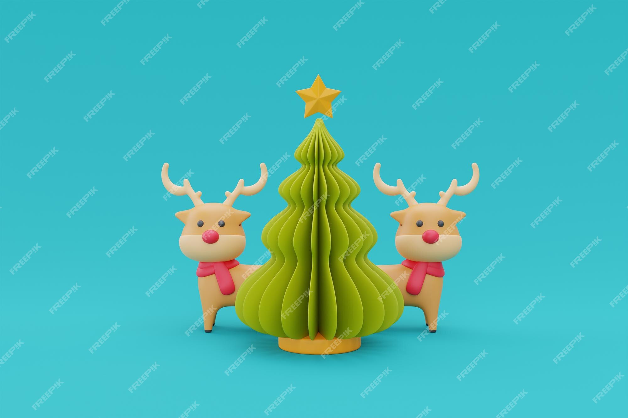 Premium Photo | Christmas tree with cartoon character reindeer merry christmas and happy new year 3d rendering Premium Photo | Christmas tree with cartoon character reindeer merry christmas and happy new year 3d rendering