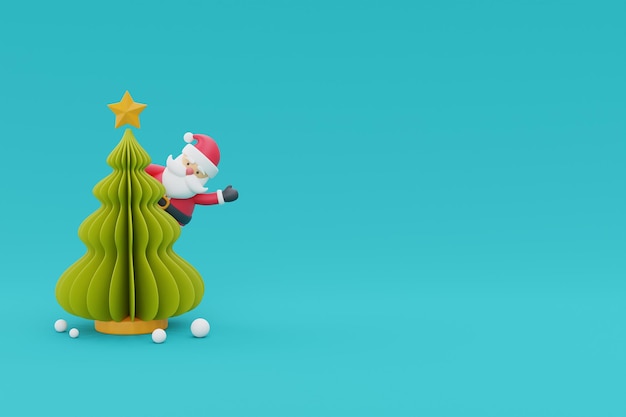 Christmas tree with cartoon character santa claus Merry Christmas and Happy New Year 3d rendering