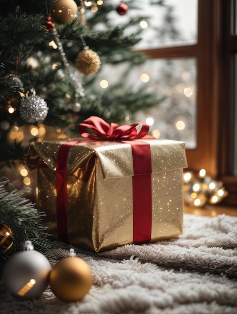 christmas tree with christmas gift box in living room decoration