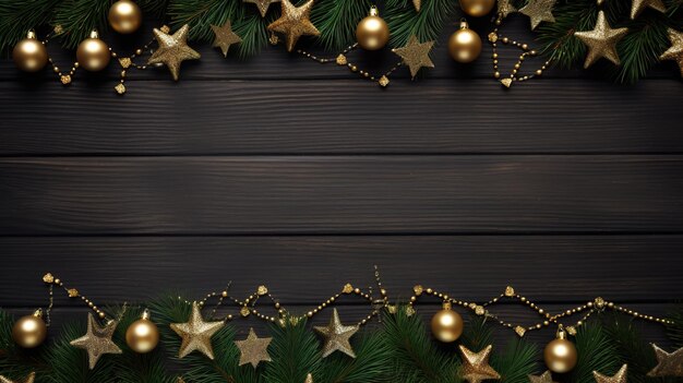 Christmas tree with Christmas trees golden stars and beads on a dark wooden background