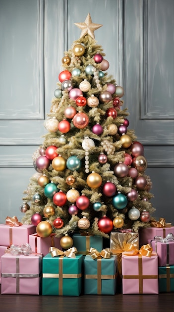 Christmas tree with colorful baubles and gift boxes on wooden background