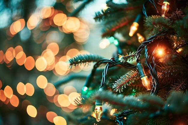 Christmas tree with colorful lights bokeh background closeup