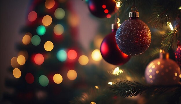 Christmas tree with decoration balls and lights in abstract defocused background