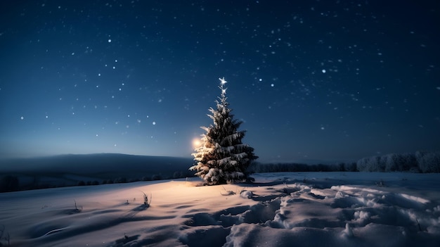 Christmas tree with decoration and light in the middle of snow at night