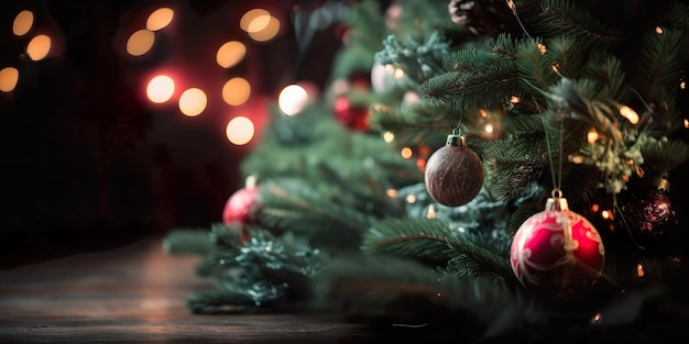 Christmas Tree with Decoration red balls and lights In abstract defocused background Bokeh garlands in the background New Year concept Generate Ai