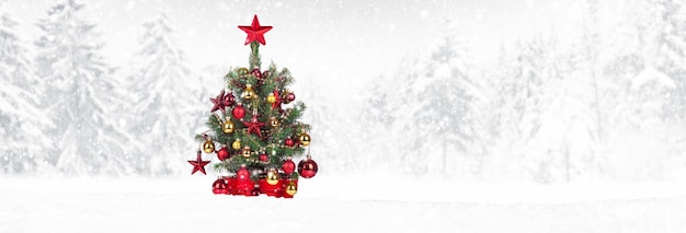 Christmas Tree with decoration on a winter background.